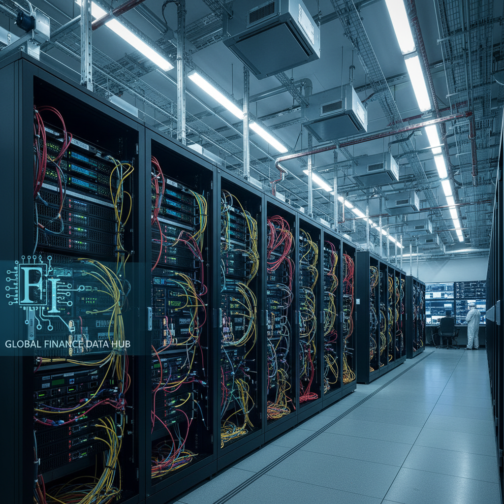 Server room with rows of network servers, blue LED lighting, and organized cable management