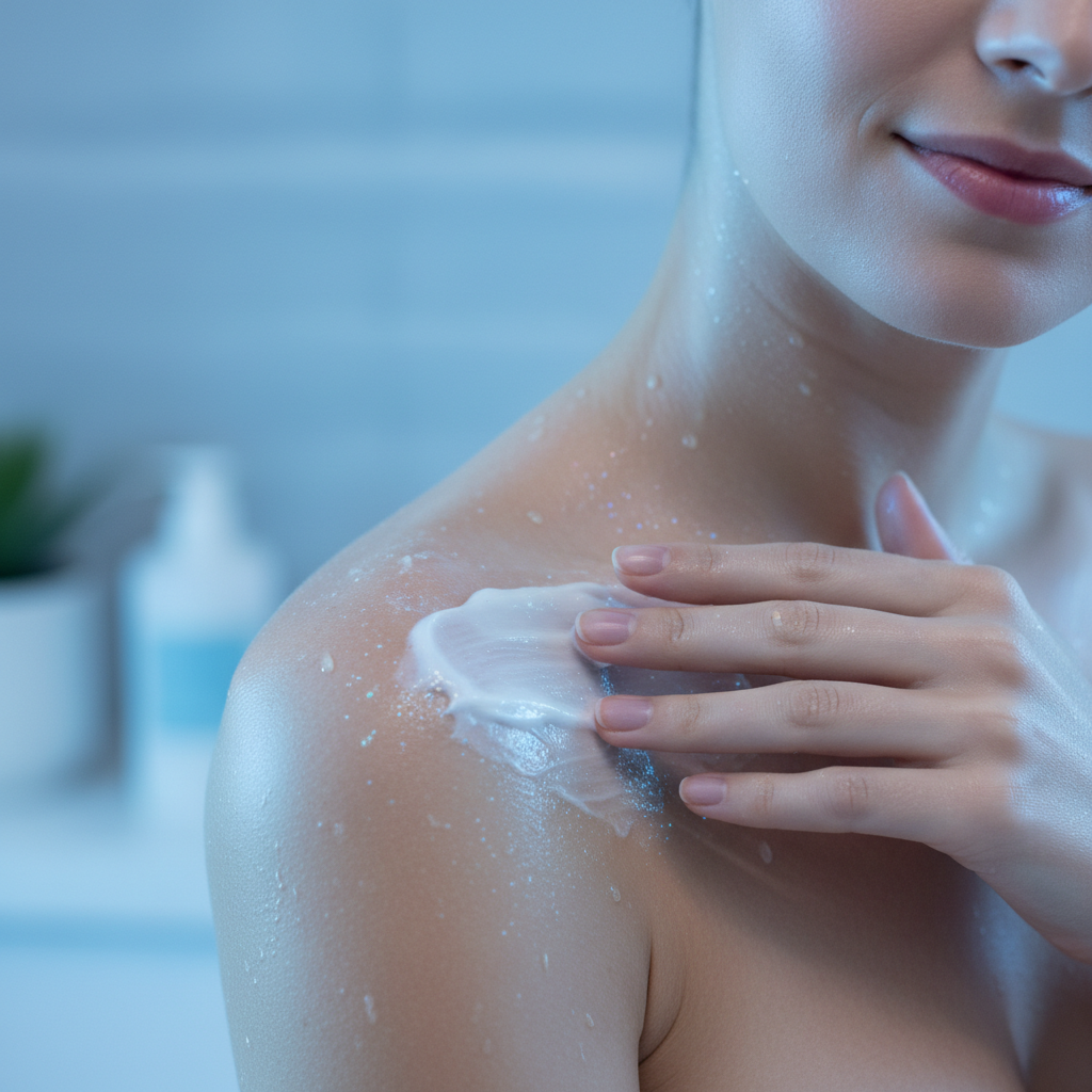 Beautiful Black woman applying luxury cream with glowing radiant skin in natural light