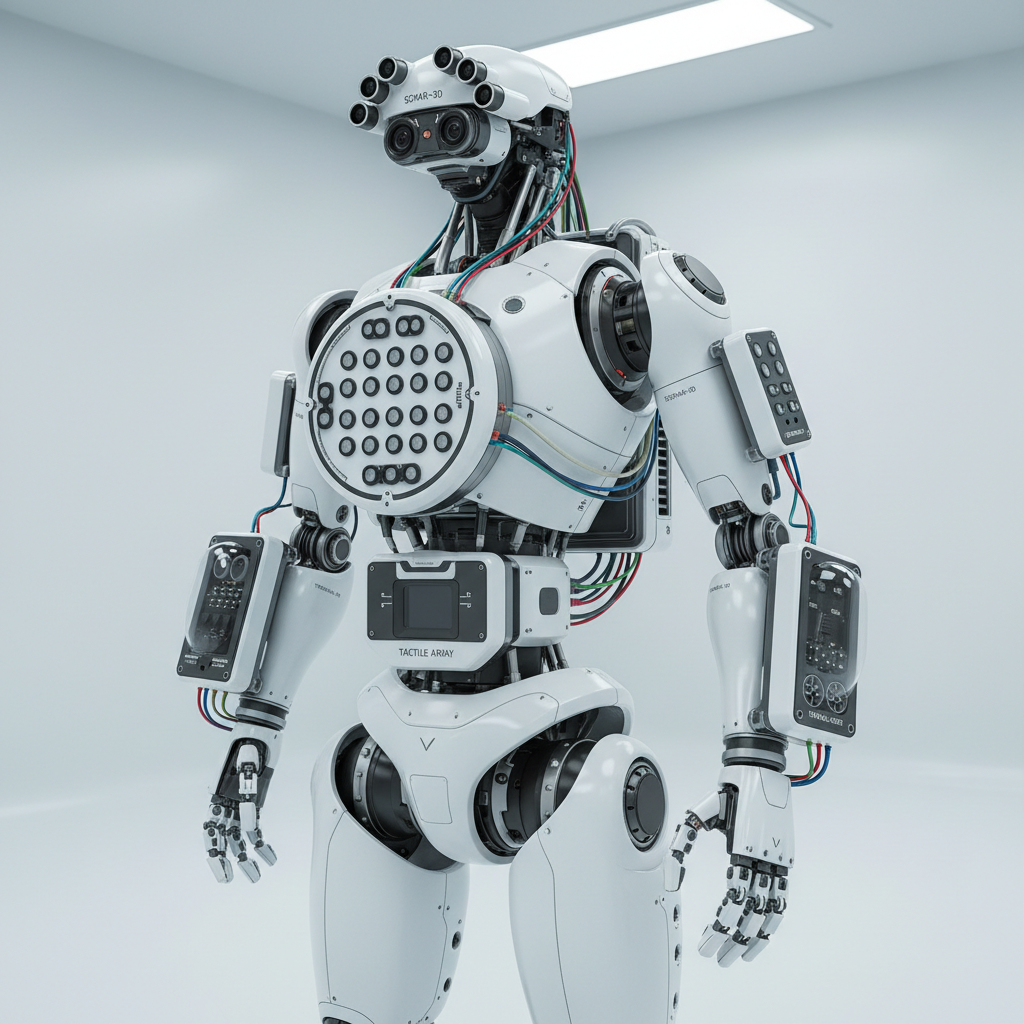 Robot prototype in lab setting, white background, mechanical arms