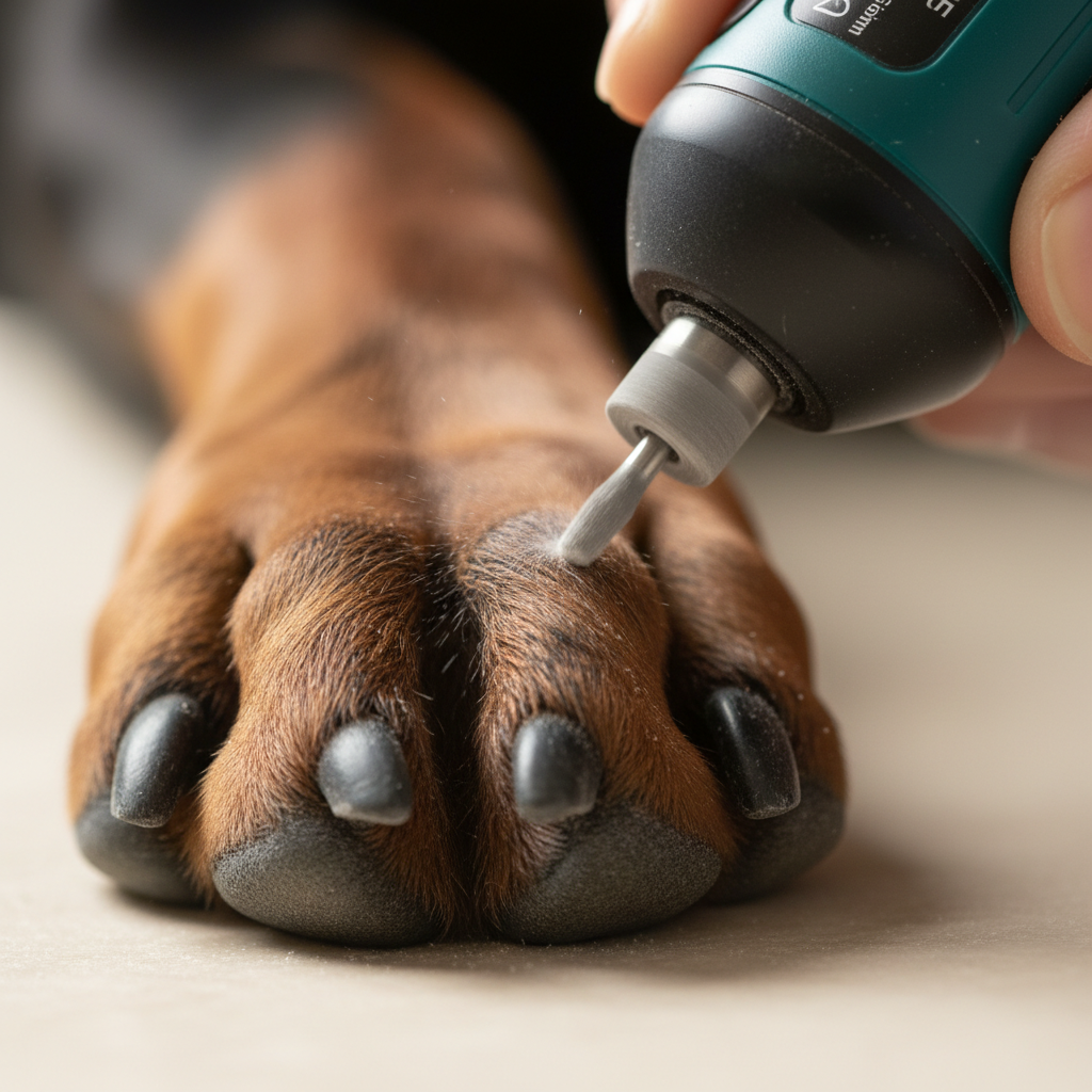 Dremel tool smoothing a Doberman's nail to a matte finish, close-up of paw and nail tip against a warm-lit background