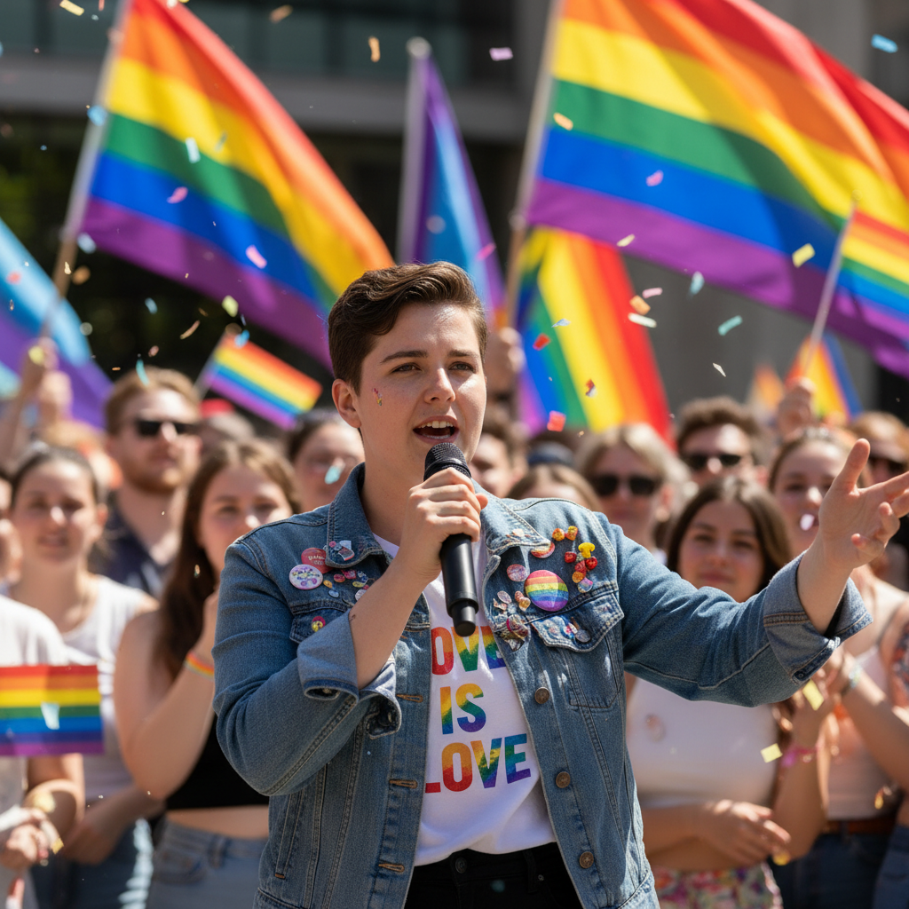 LGBTQ+ community activist speaking at a pride event with rainbow flags in background