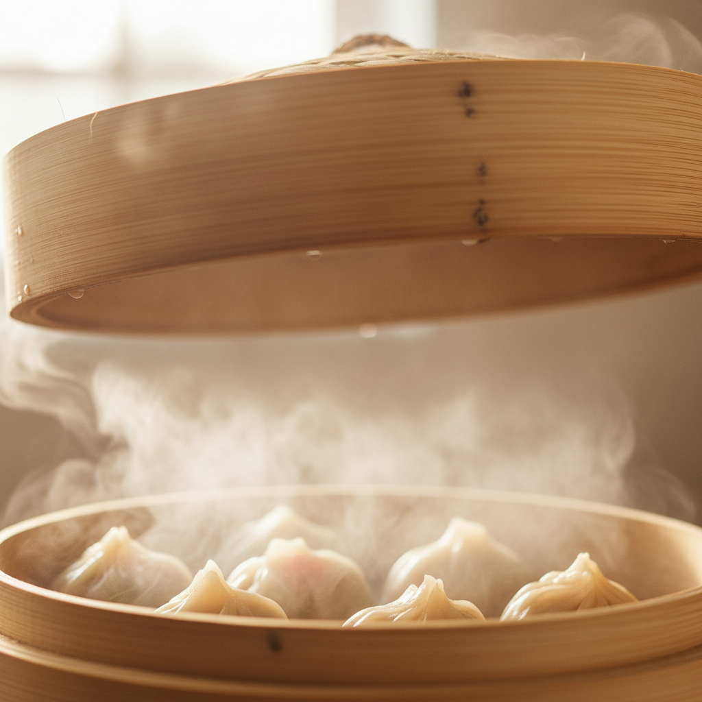 Bamboo steamer lid caught mid-lift with vapor blurring the lens, dumplings visible below in soft focus
