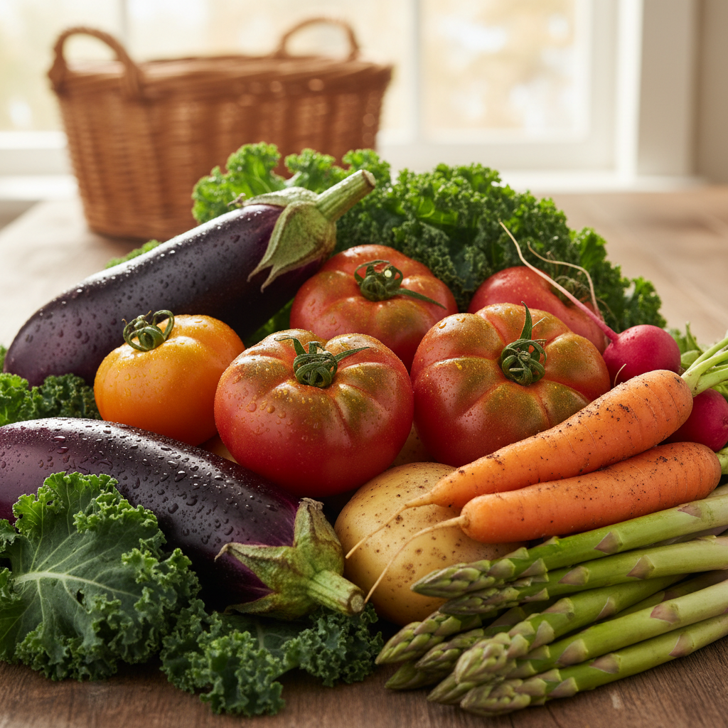 Produse bio și legume proaspete colorate pe fundal de lemn