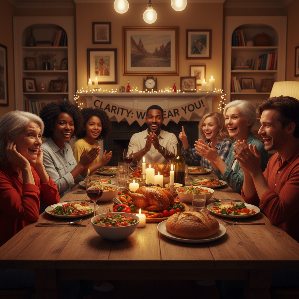 Vivid saturated dinner scene with sharp faces and warm lighting, representing restored hearing after Clarity treatment