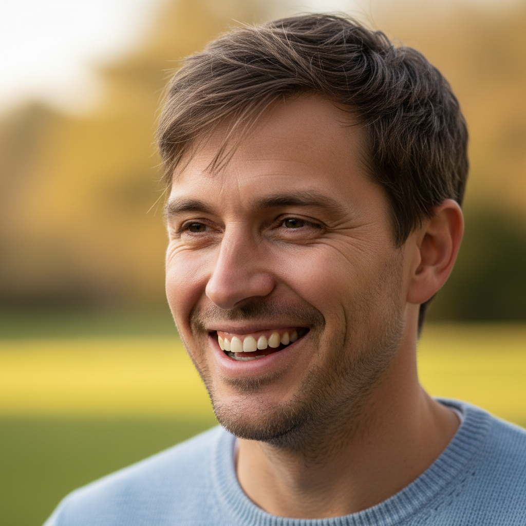 Caucasian man with short blonde hair and friendly smile in outdoor portrait