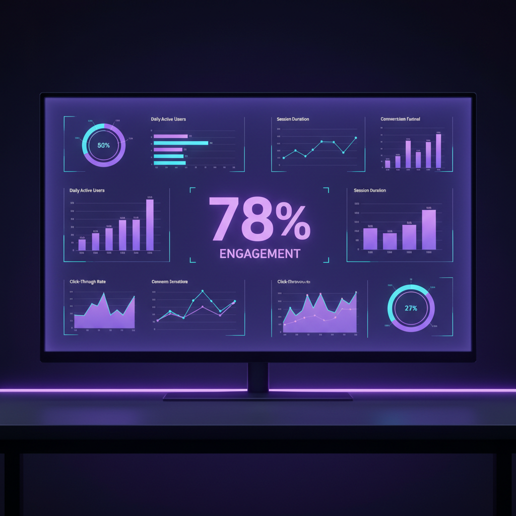 Data analytics dashboard with charts and graphs on dark background, neon blue and purple accent lights