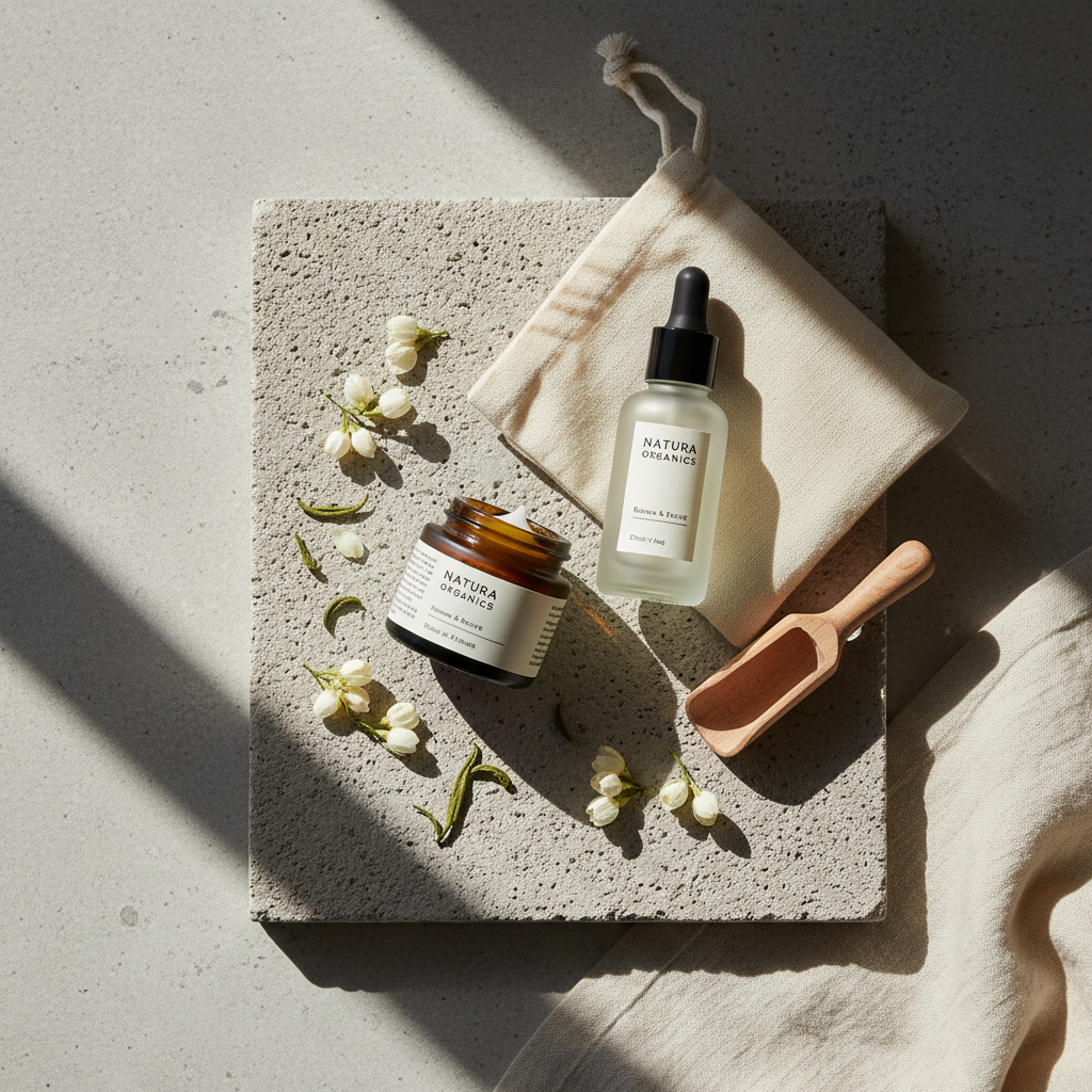 Product flat-lay on concrete surface with natural window light