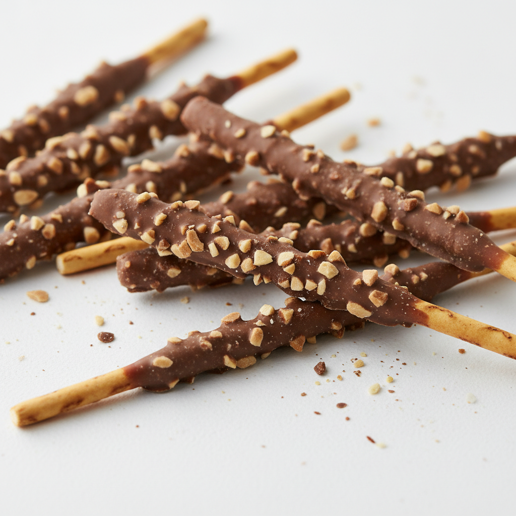 Chocolate almond Pepero biscuit sticks arranged on white surface