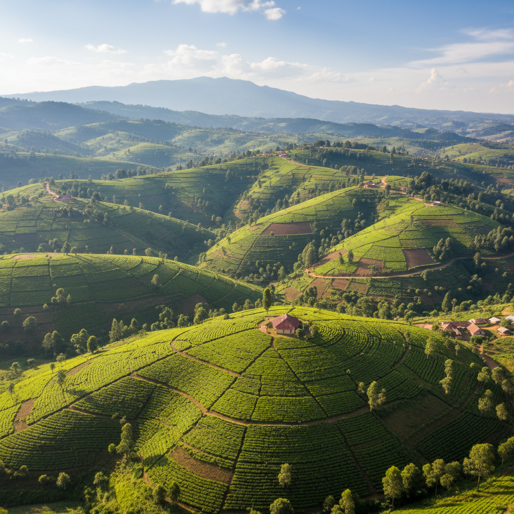 Lush green hills of Rwanda countryside in Nyabihu district, beautiful agricultural landscape