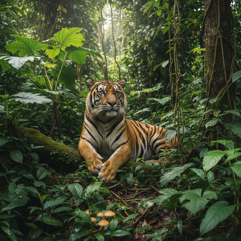 Sumatran tiger resting in dense jungle undergrowth, camera trap image