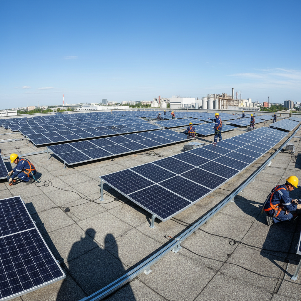 Engineers installing solar panels on a large industrial rooftop solar plant