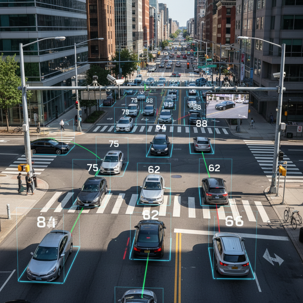 Monitored intersection with speed enforcement cameras capturing vehicles with overlay bounding boxes and speed readouts