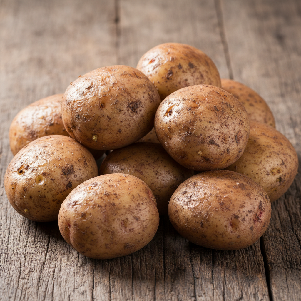 Earthy russet potatoes with rough brown skin on wooden surface