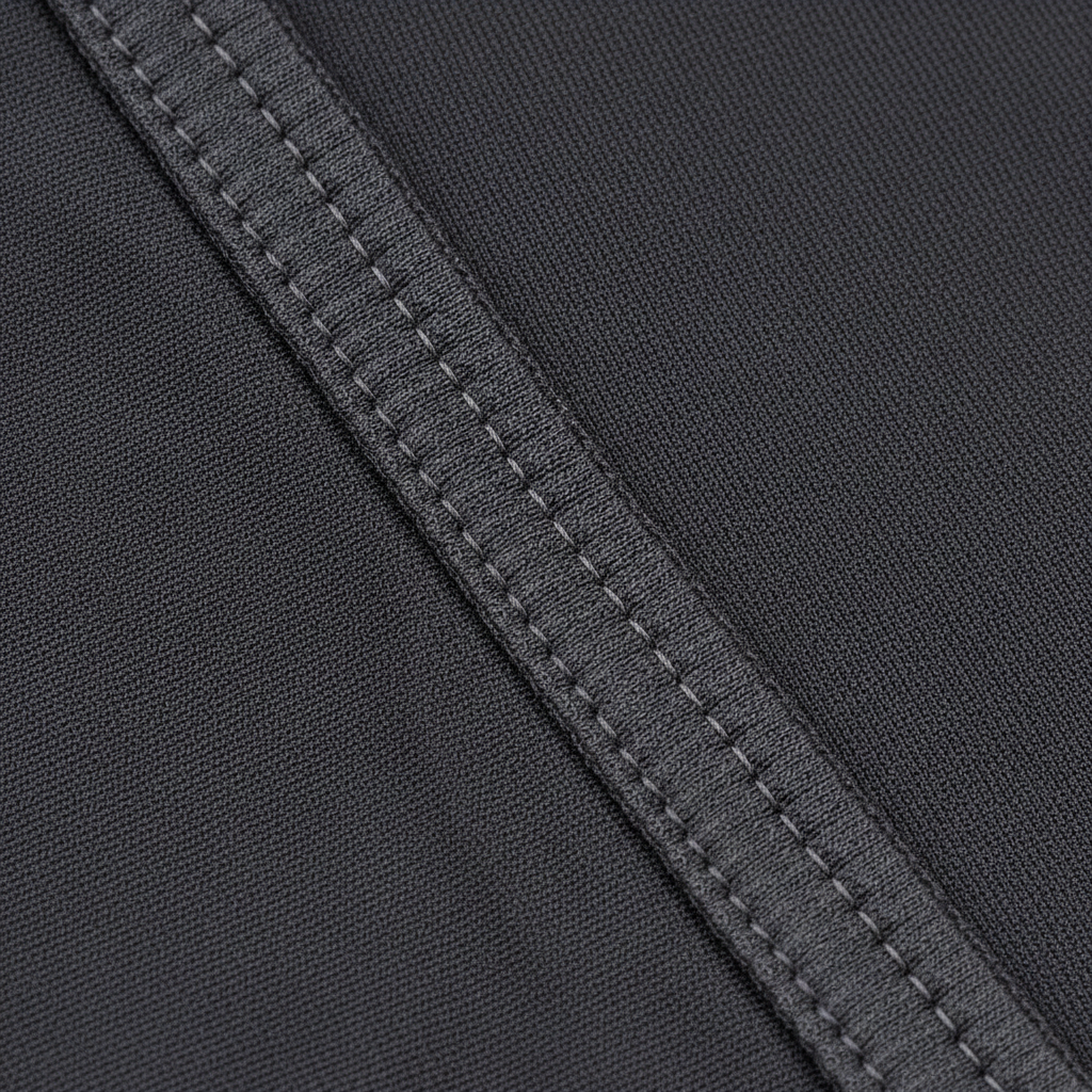 Close-up of flat-lock seam construction showing inward-facing stitches with micro-jersey binding on dark fabric