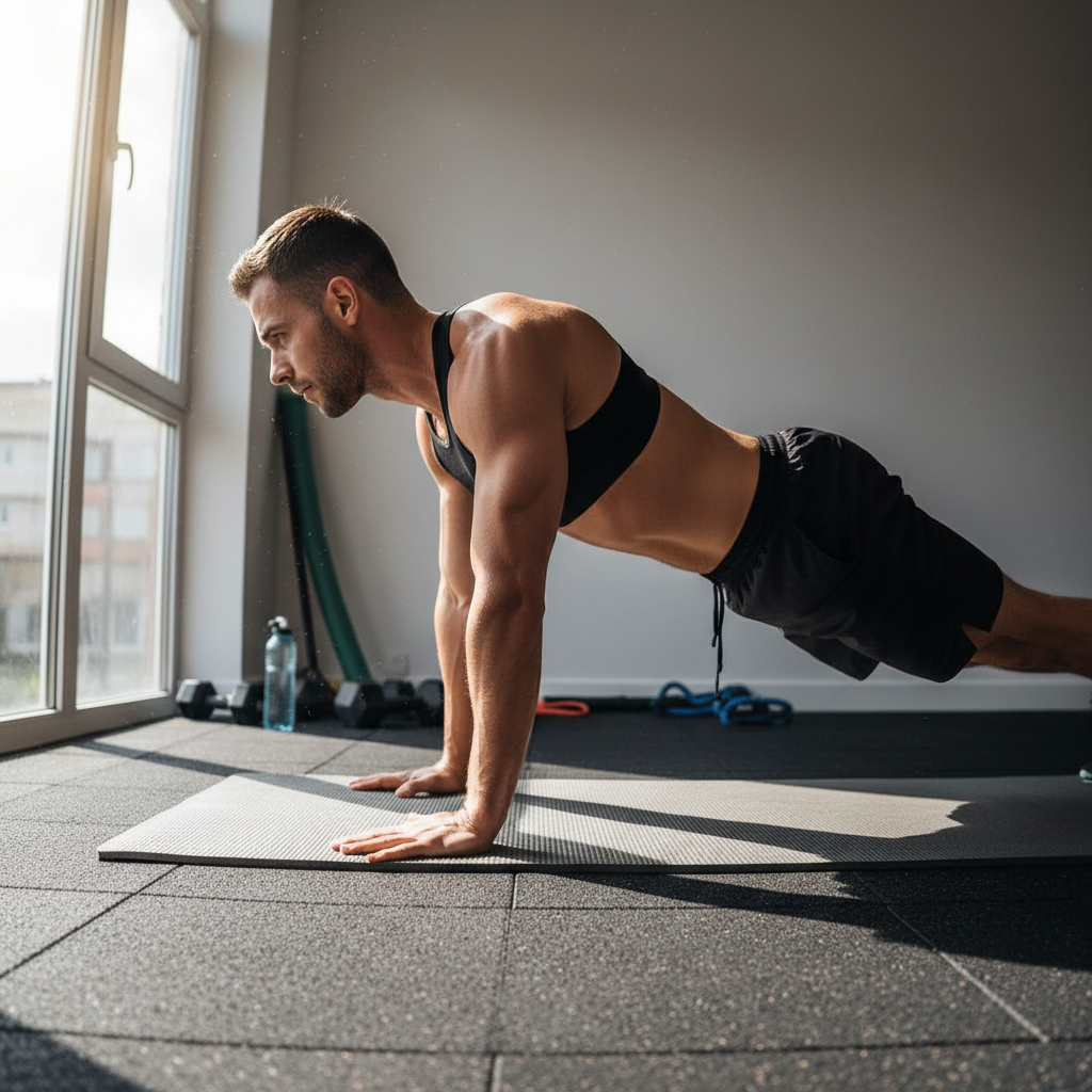 Man holding plank position on gym mat, perfect straight body alignment, bright studio