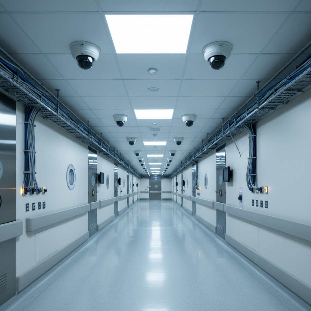 Modern hospital corridor with clean white walls and advanced medical facility infrastructure