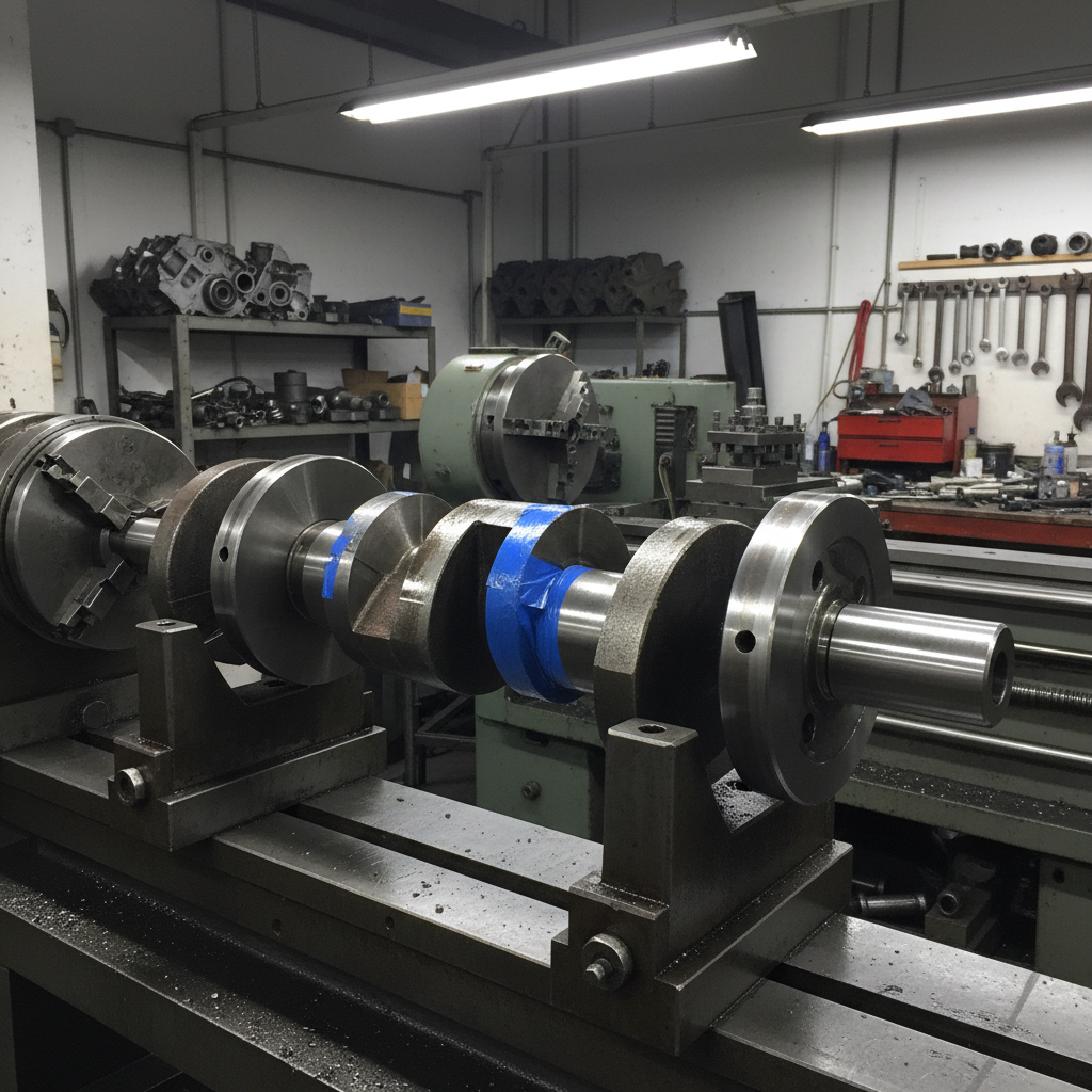 Crankshaft removed from engine block prepared for machining