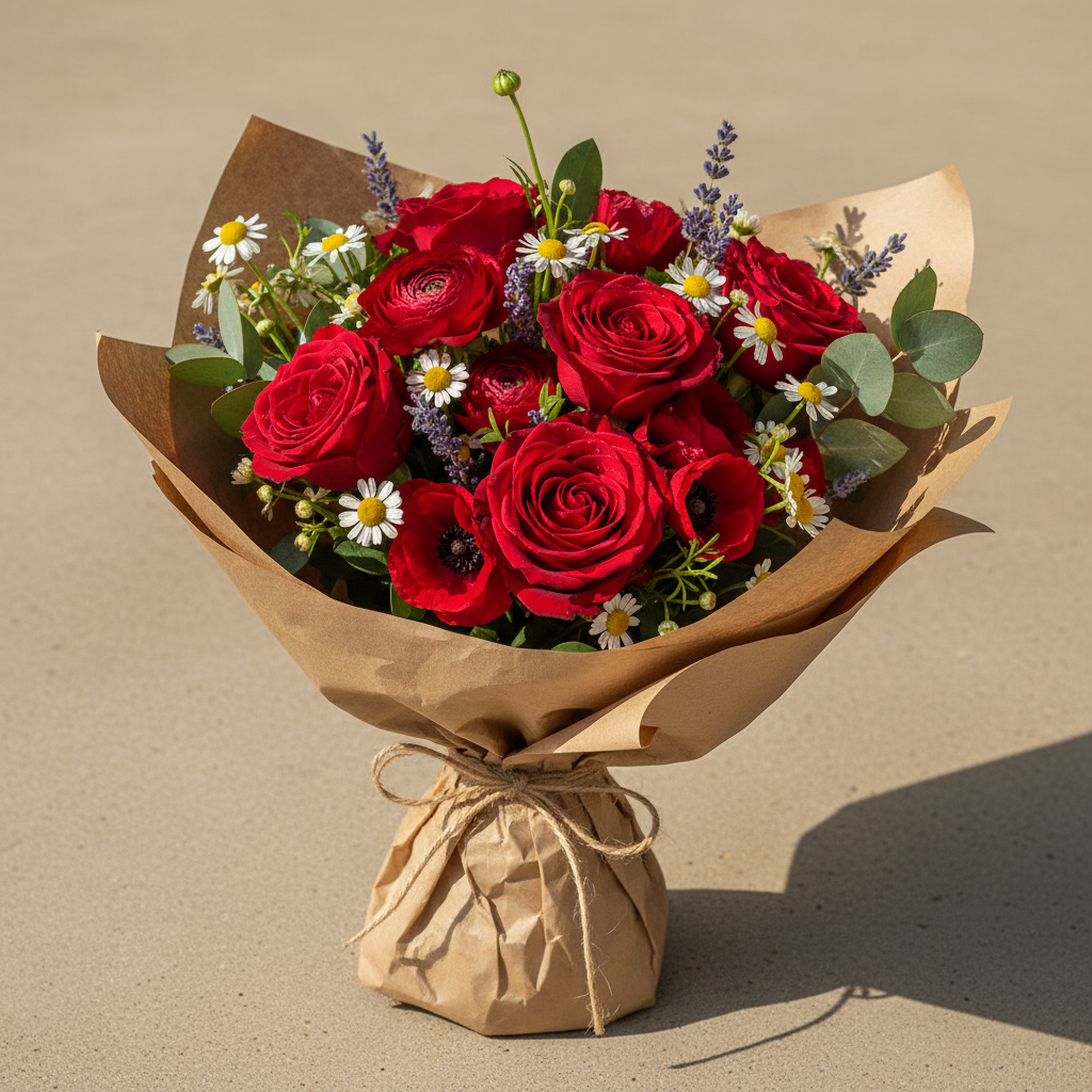 Classic dozen red roses wrapped in kraft paper with a satin bow