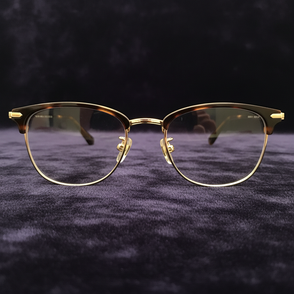 Browline acetate and gold clubmaster frames on dark velvet display
