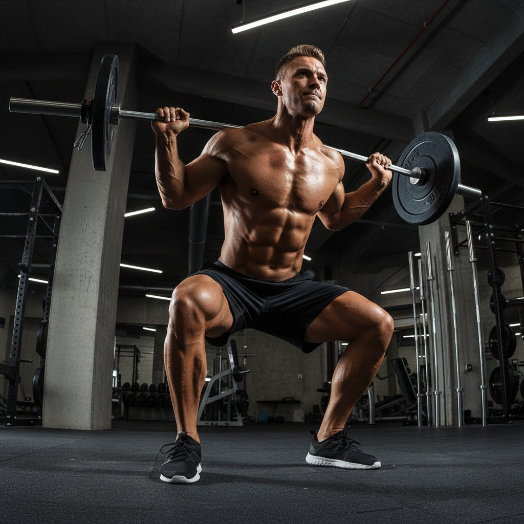 Man performing barbell back squat in gym, heavy weight, deep squat position, focused expression