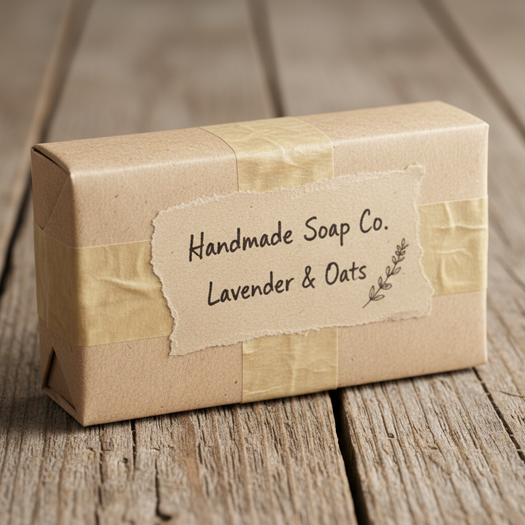 Kraft paper package sealed with masking tape and handwritten label on wooden surface