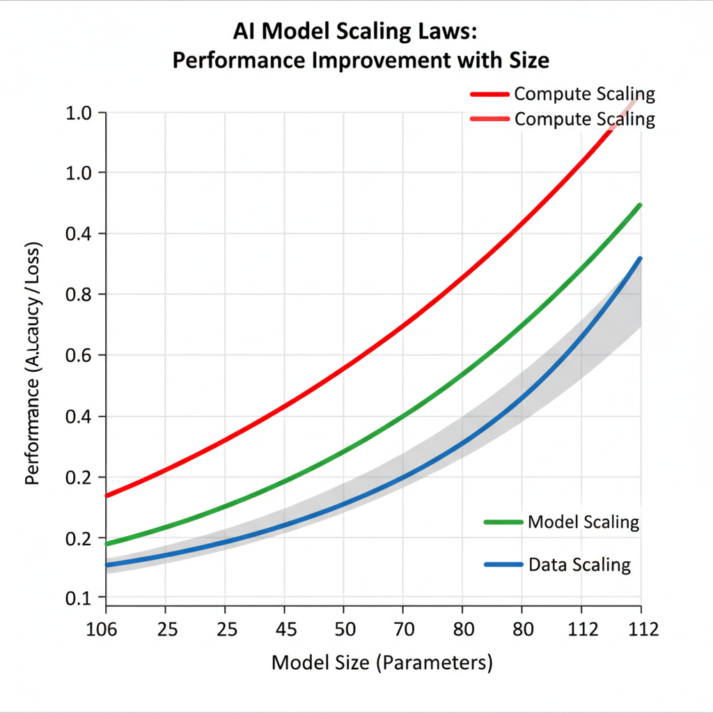 Graph showing AI model scaling laws with performance improvement curves