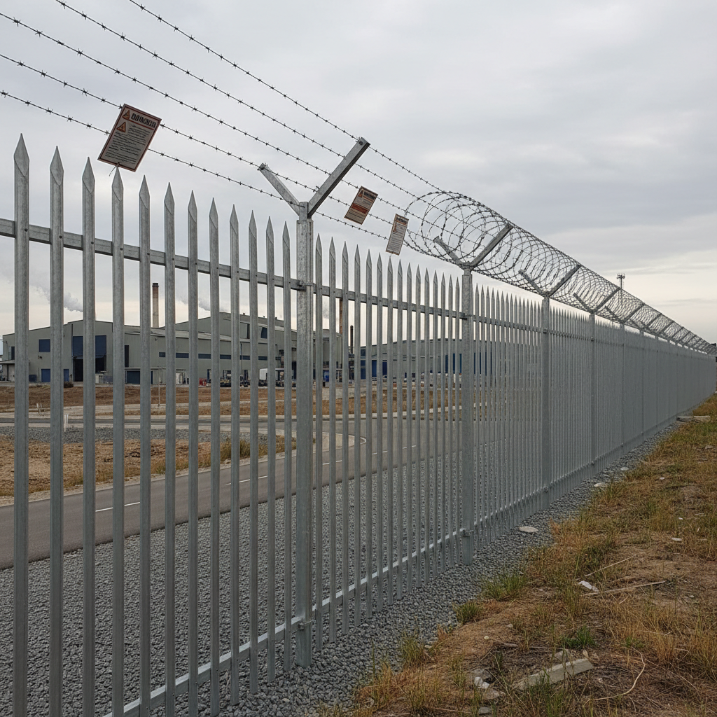 Steel palisade fence with twisted spear tops and electric fence strands along an industrial park boundary