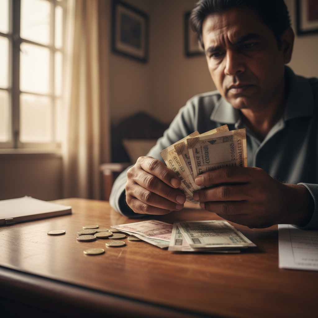 Indian parent looking worried while counting money and bills on table with calculator