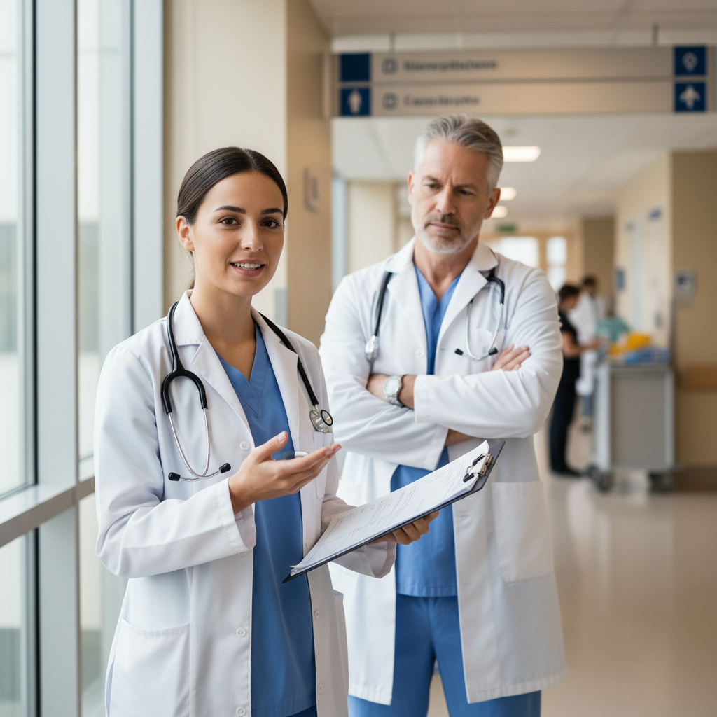 Medical resident presenting at morning rounds, chart in hand, attending listening with arms crossed in teaching hospital corridor