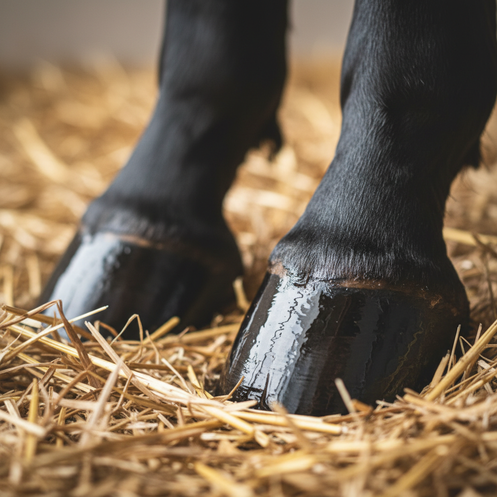 Close-up of oiled horse hooves after hoof care treatment, dark and gleaming against straw