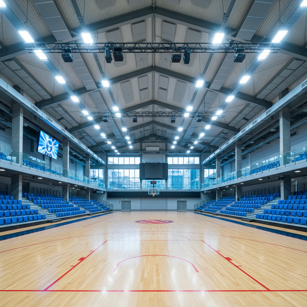 Vibrant indoor sports facility with spectator area and modern amenities