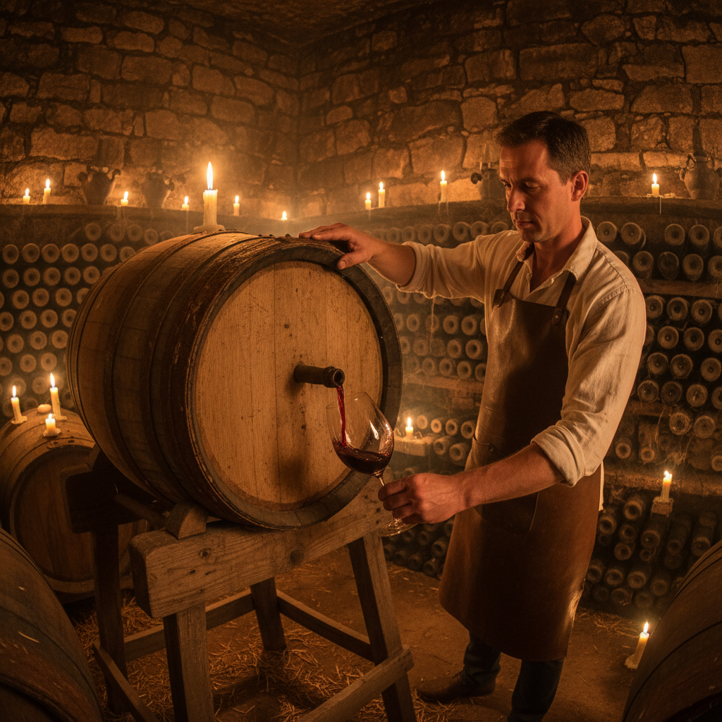 Two wine bottles in dimly lit wine cellar with stone walls and warm candlelight