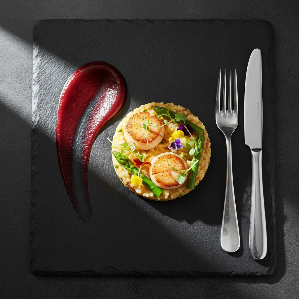 Elegant plated dish with artistic sauce work, fine dining presentation on white porcelain, soft studio lighting