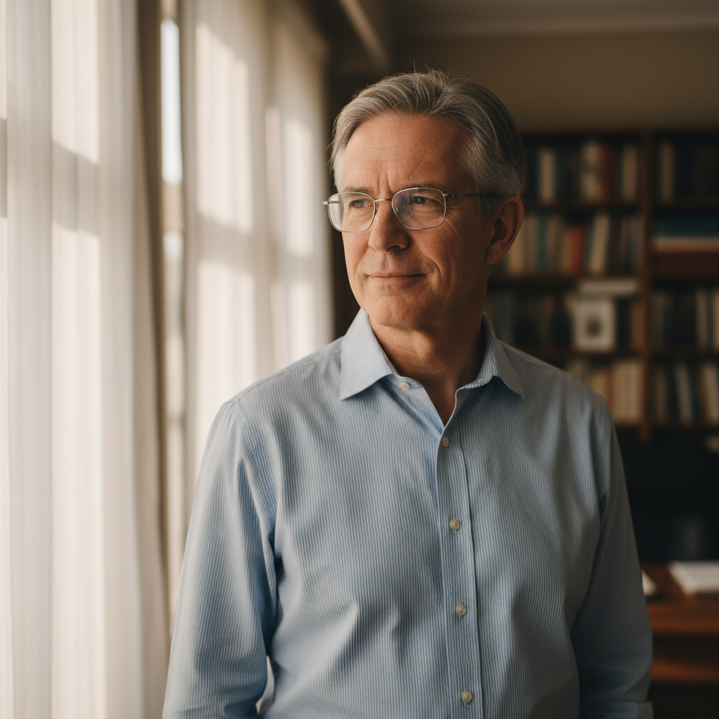 Middle-aged white man with glasses, professional attire indoors