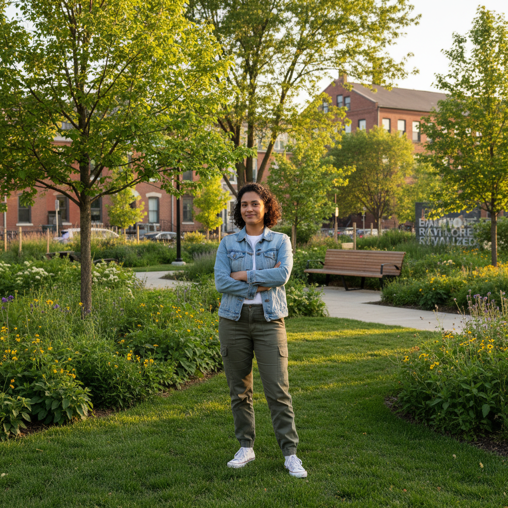 Aisha Kamara, Community Organizer, standing in a newly restored green space in Baltimore