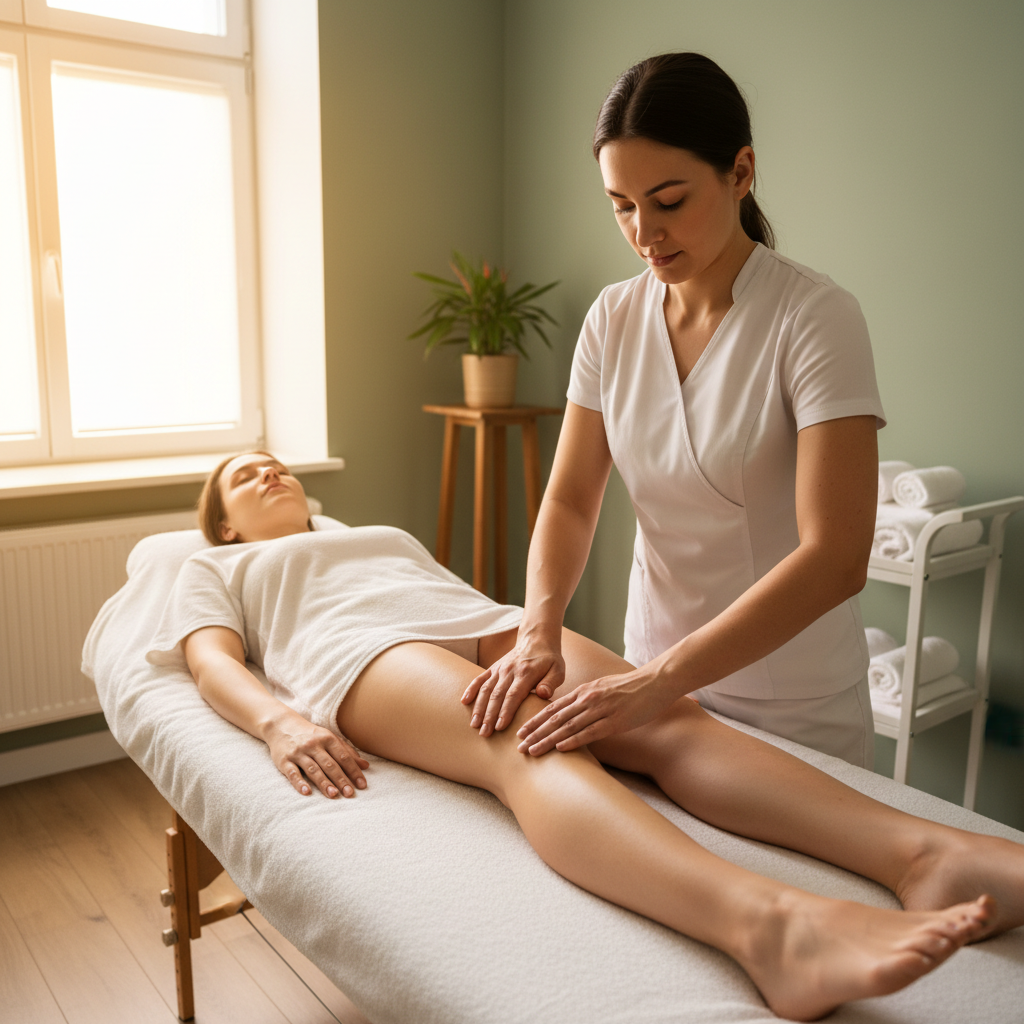 Person receiving gentle touch therapy, calm clinical setting, cool blue-white light, healing atmosphere