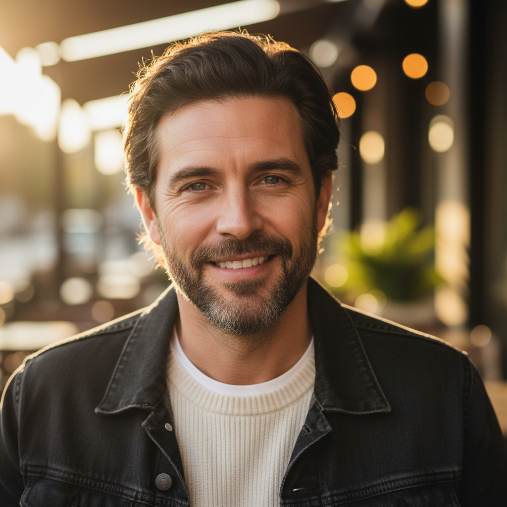 Young man with beard and casual clothing, warm soft light background