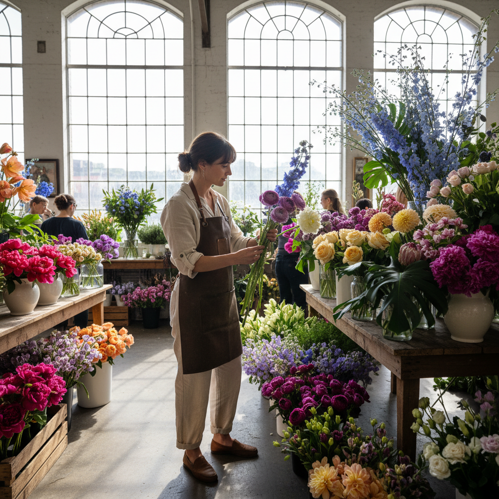 Florist Maria arranging colorful flower bouquet