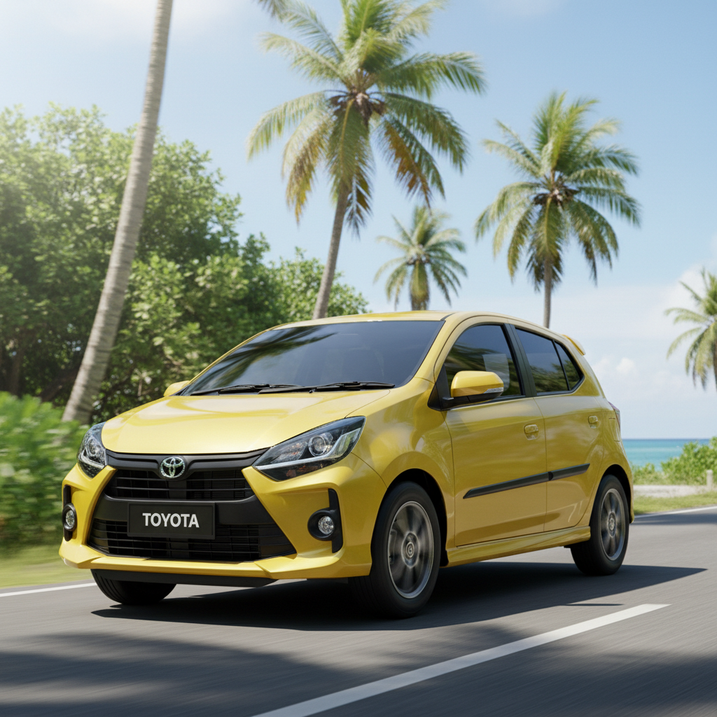 Toyota Agya small economy car on a bright tropical road