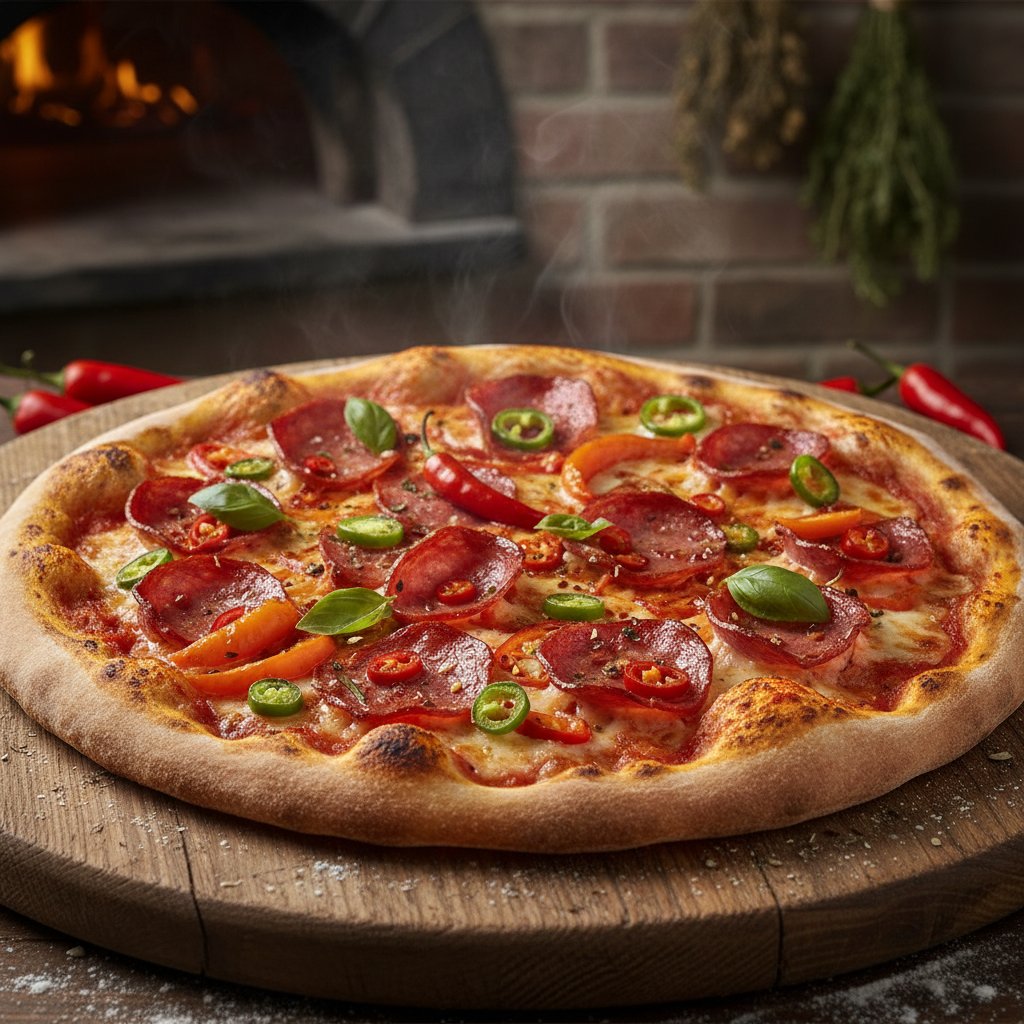 Spicy Diavola pizza with pepperoni slices, melted cheese and red chili peppers on wooden board