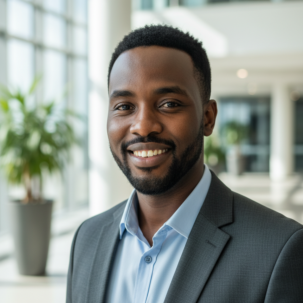 Ugandan man in smart casual shirt smiling in office setting