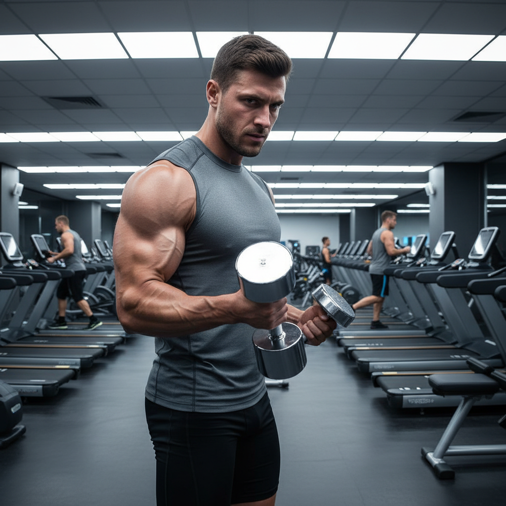 Muscular athlete performing barbell curl in well-lit gym, defined biceps, focused expression