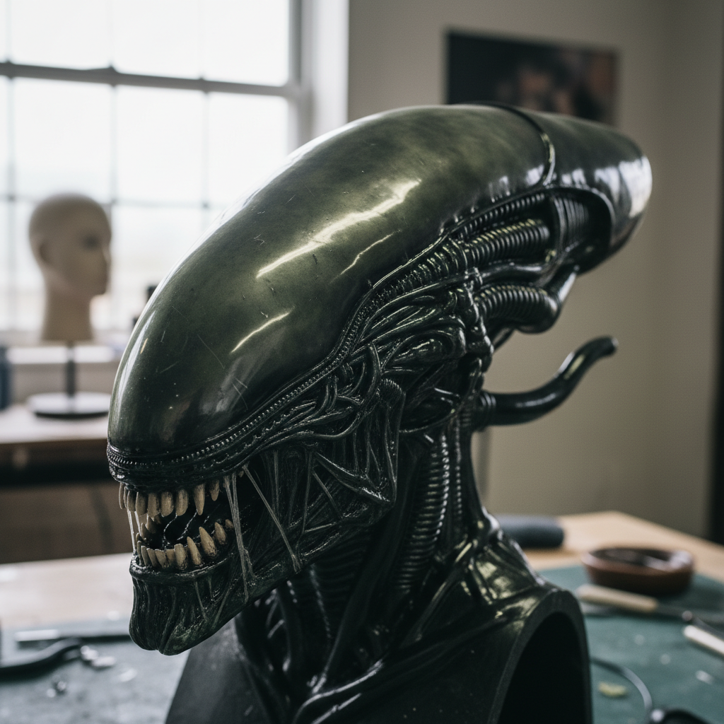 Screen-accurate Xenomorph head prosthetic for cosplayer at convention, every ridge and tube matching the film reference