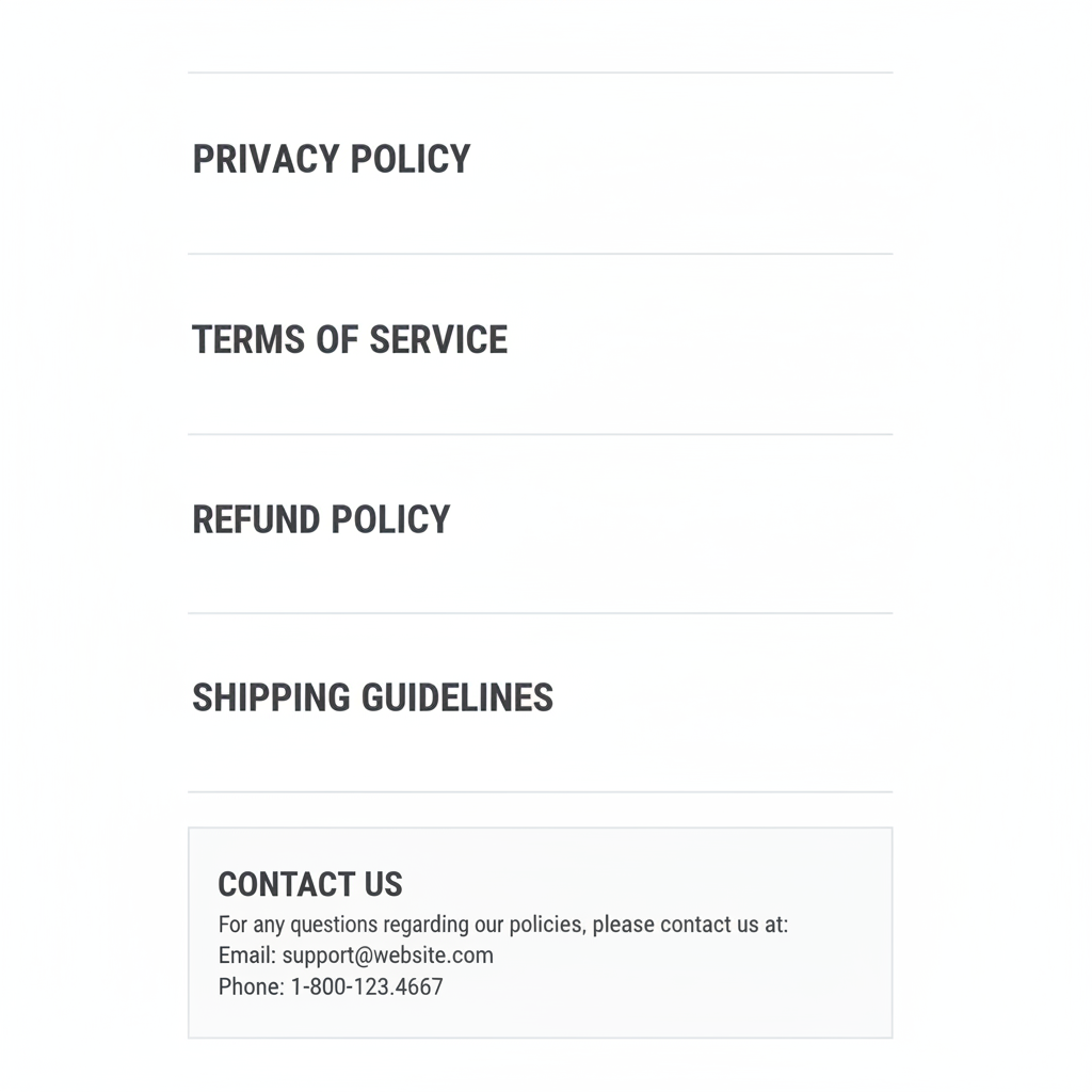 Clean policy page with white background, dark readable text, clear H2 section headings, light gray dividers, and contact block at bottom