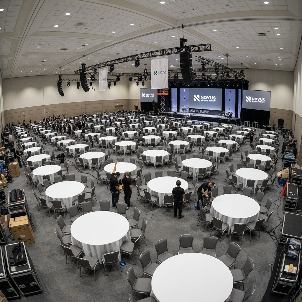 Equipo profesional realizando montaje de evento corporativo con precisión