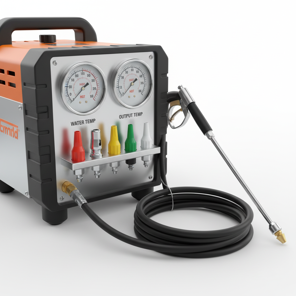 Commercial pressure washer unit on bright outdoor concrete surface, clean white and blue colors