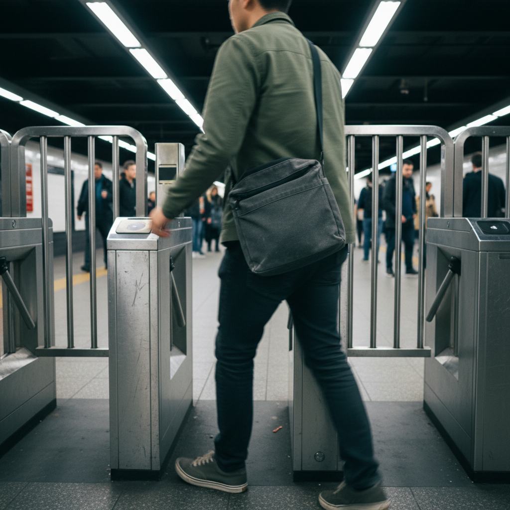 Crossbody bag worn diagonally on a person walking through a subway turnstile