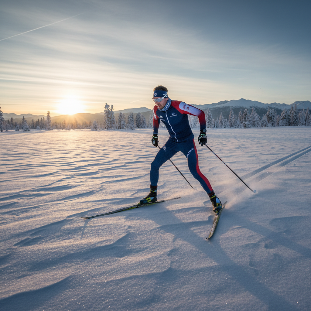 Cross-country skier in full sprint through open snowfield at dawn, long shadows cast across white landscape