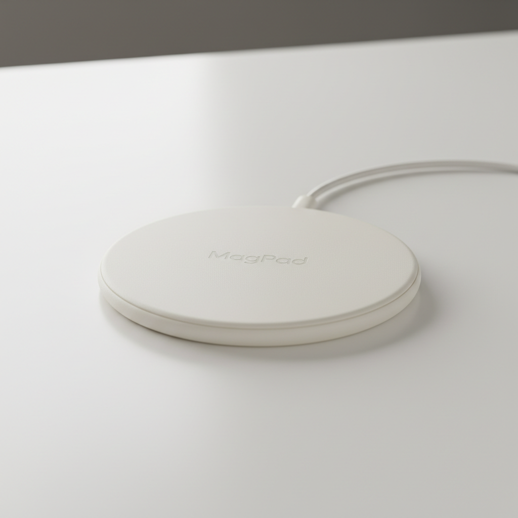 White wireless phone charger pad on desk