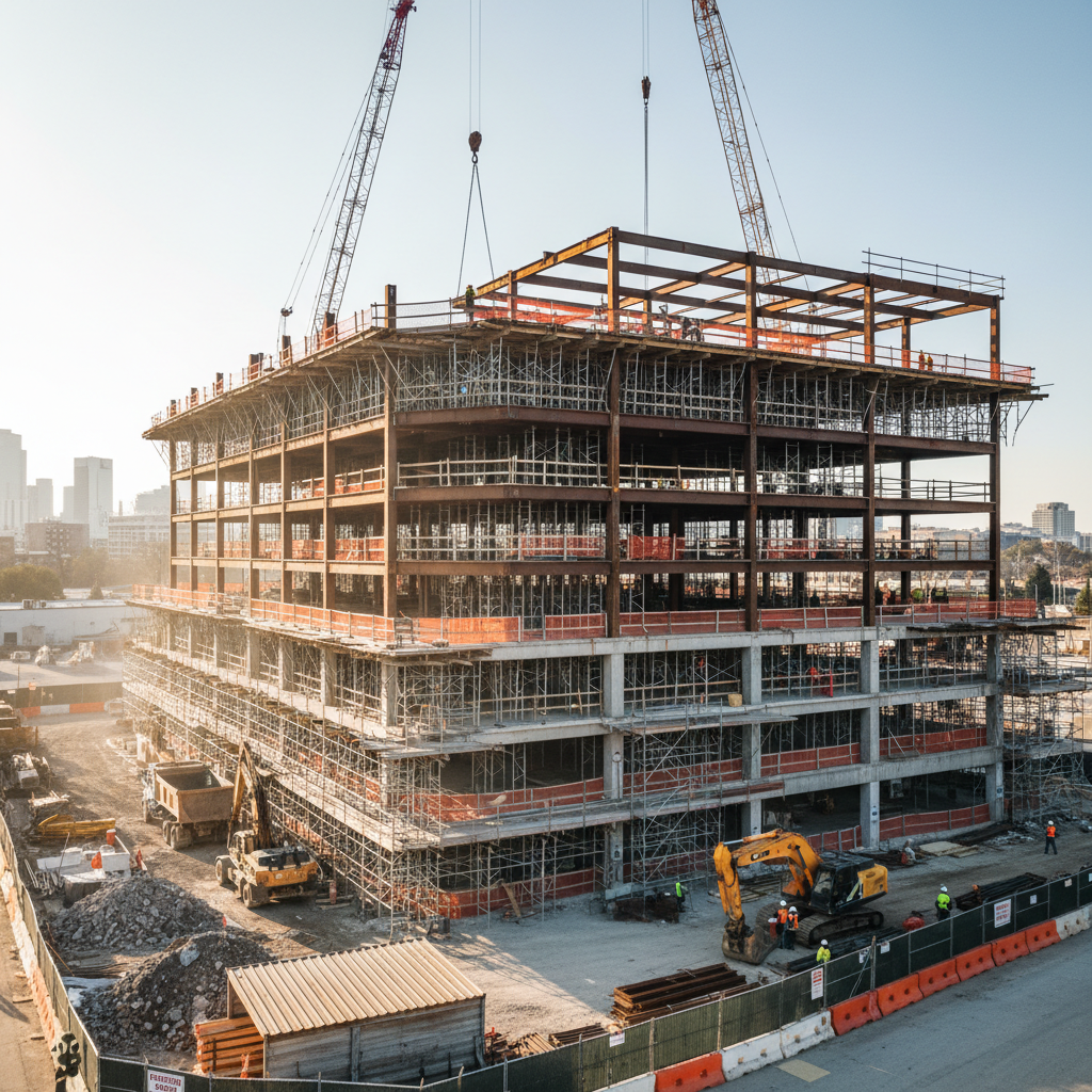 Heavy construction equipment and workers at large commercial building site, concrete foundation and steel beams